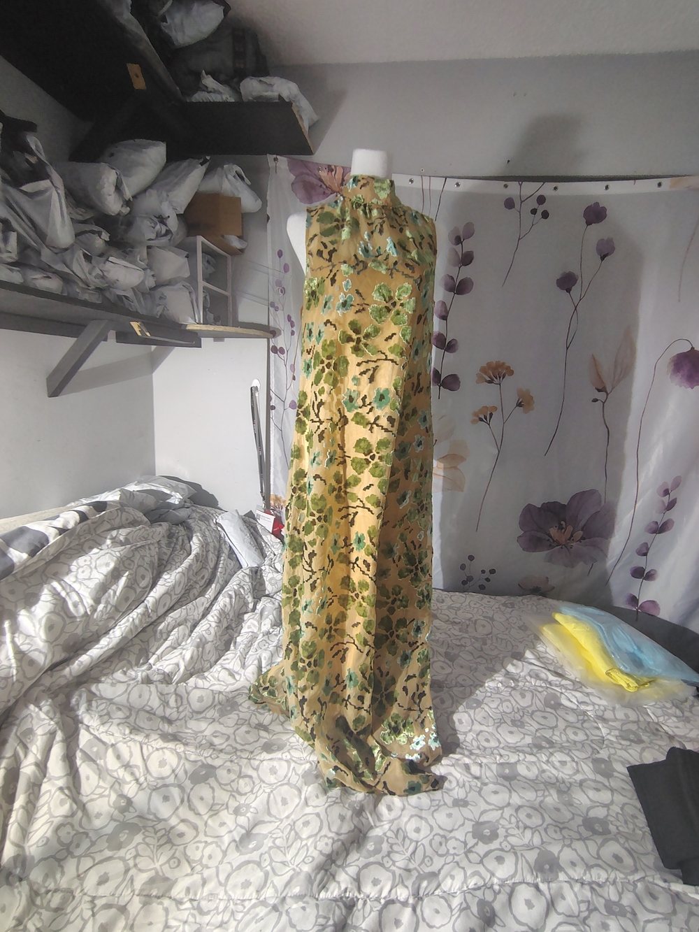 Sleeveless High-Neck Floral Velvet Burnout Gown in Beige, Green & Teal - Picture 3 of 6